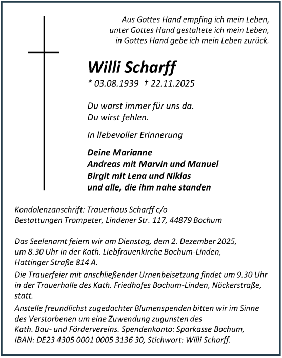 Traueranzeige von Willi Scharff von Tageszeitung
