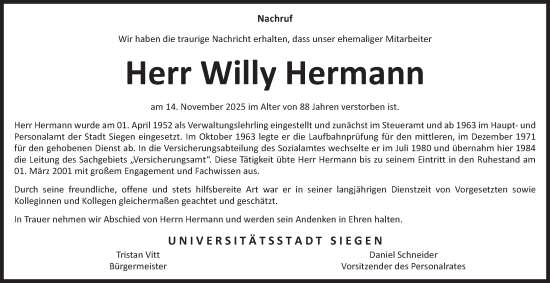 Traueranzeige von Willy Hermann von Tageszeitung