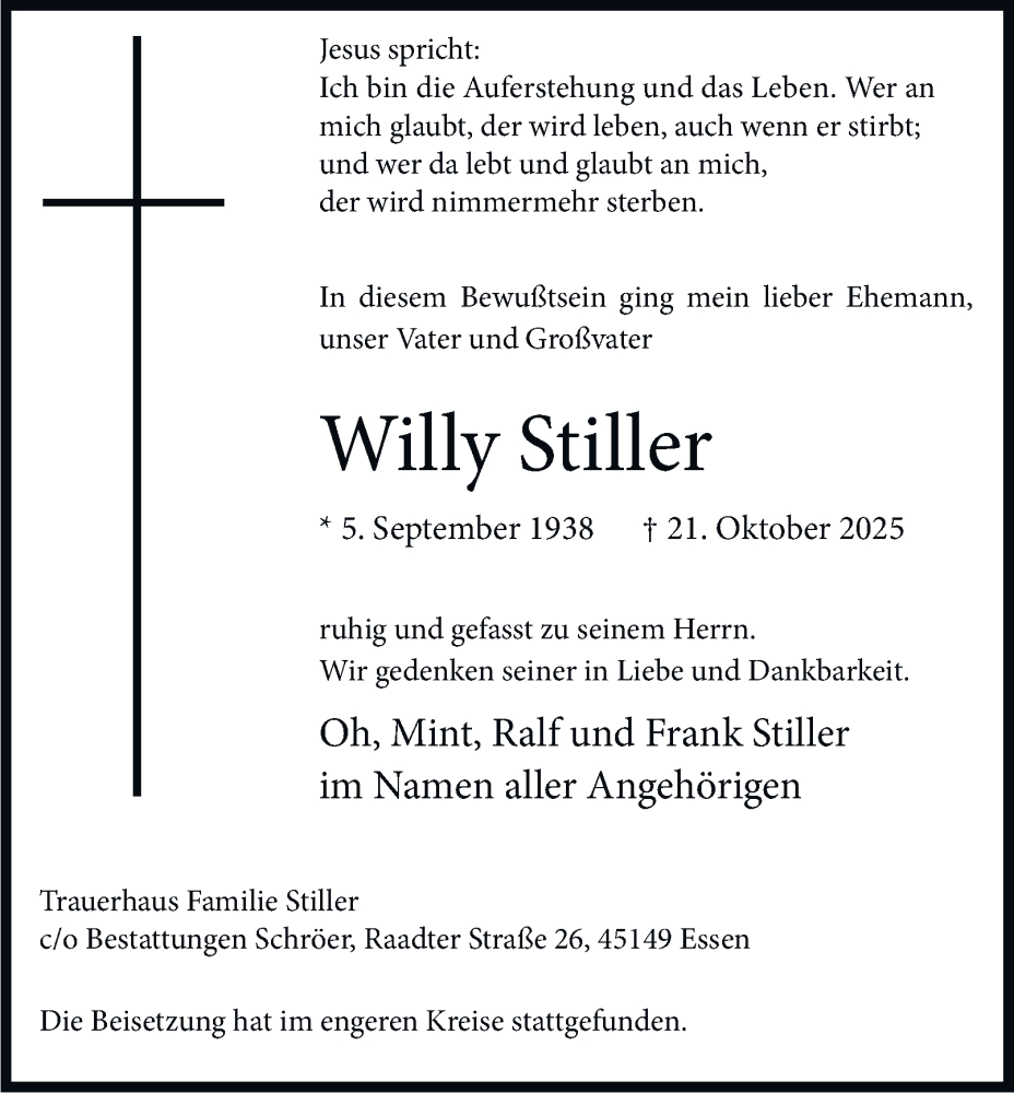  Traueranzeige für Willy Stiller vom 08.11.2025 aus Tageszeitung