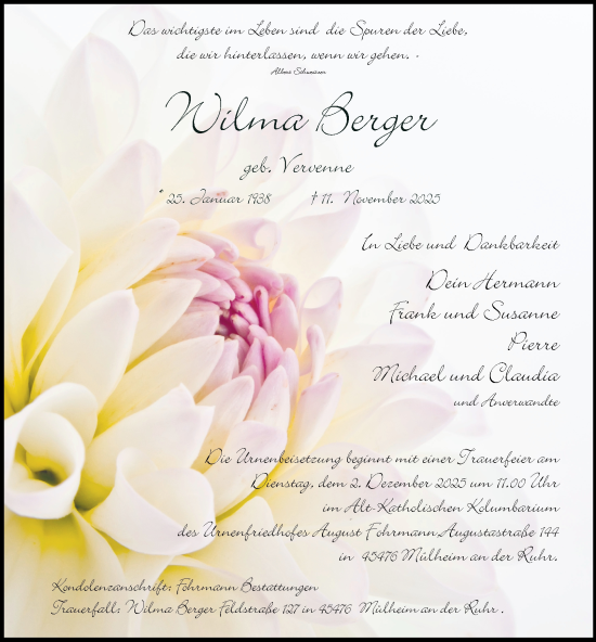 Traueranzeige von Wilma Berger von Tageszeitung