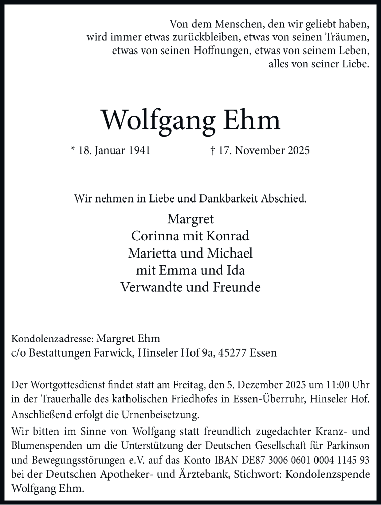  Traueranzeige für Wolfgang Ehm vom 29.11.2025 aus Tageszeitung