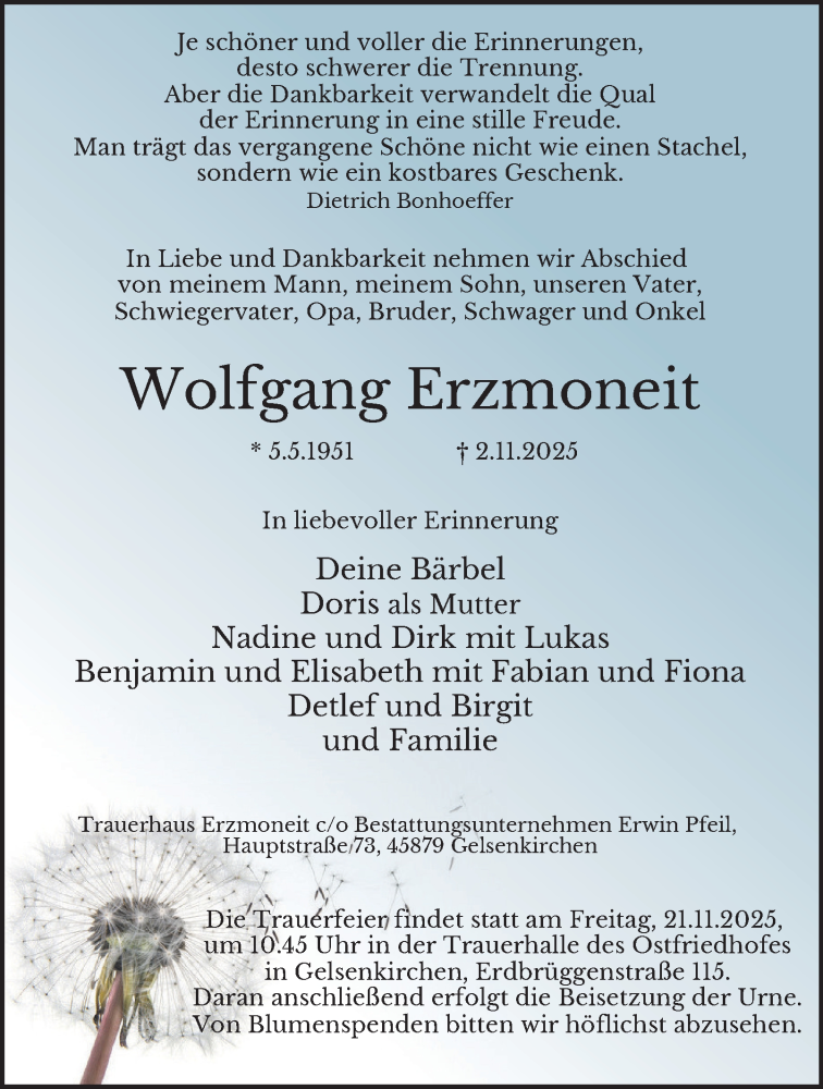  Traueranzeige für Wolfgang Erzmoneit vom 15.11.2025 aus Tageszeitung