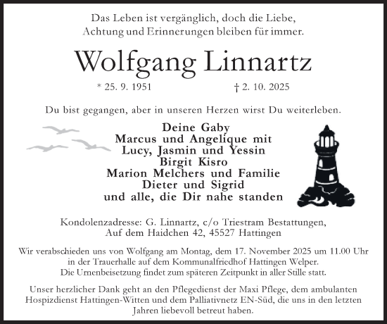 Traueranzeige von Wolfgang Linnartz von Tageszeitung