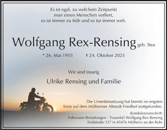 Traueranzeige von Wolfgang Rex-Rensing von Tageszeitung