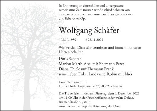 Traueranzeige von Wolfgang Schäfer von Tageszeitung