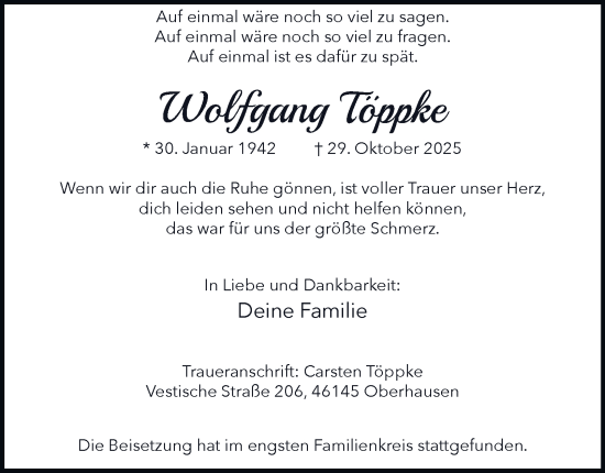Traueranzeige von Wolfgang Töppke von Tageszeitung