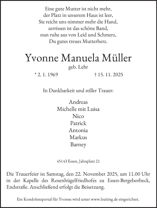 Traueranzeige von Yvonne Manuela Müller von Tageszeitung