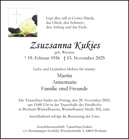Traueranzeige von Zsuzsanna Kukies von Tageszeitung