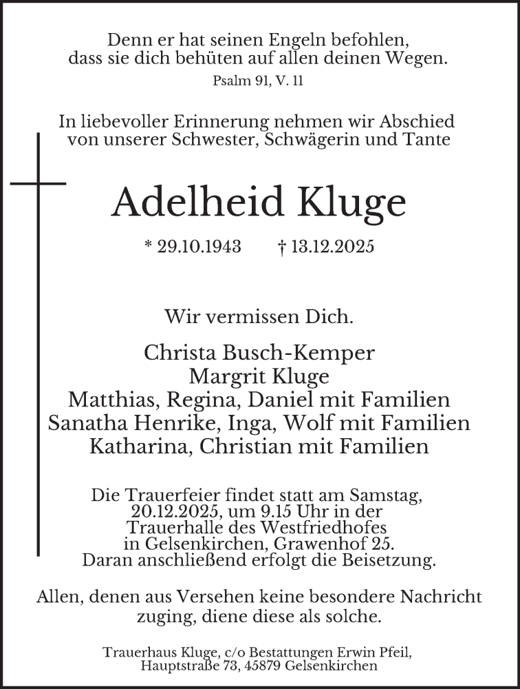  Traueranzeige für Adelheid Kluge vom 19.12.2025 aus Tageszeitung