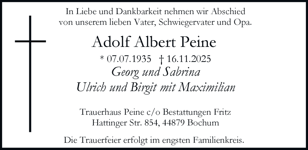  Traueranzeige für Adolf Albert Peine vom 06.12.2025 aus Tageszeitung