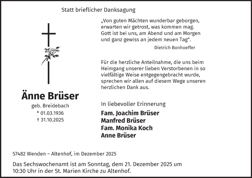  Traueranzeige für Änne Brüser vom 13.12.2025 aus Tageszeitung