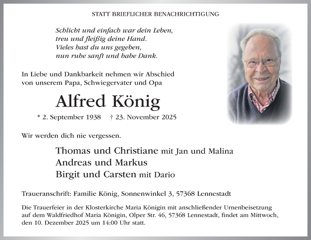  Traueranzeige für Alfred König vom 03.12.2025 aus Tageszeitung