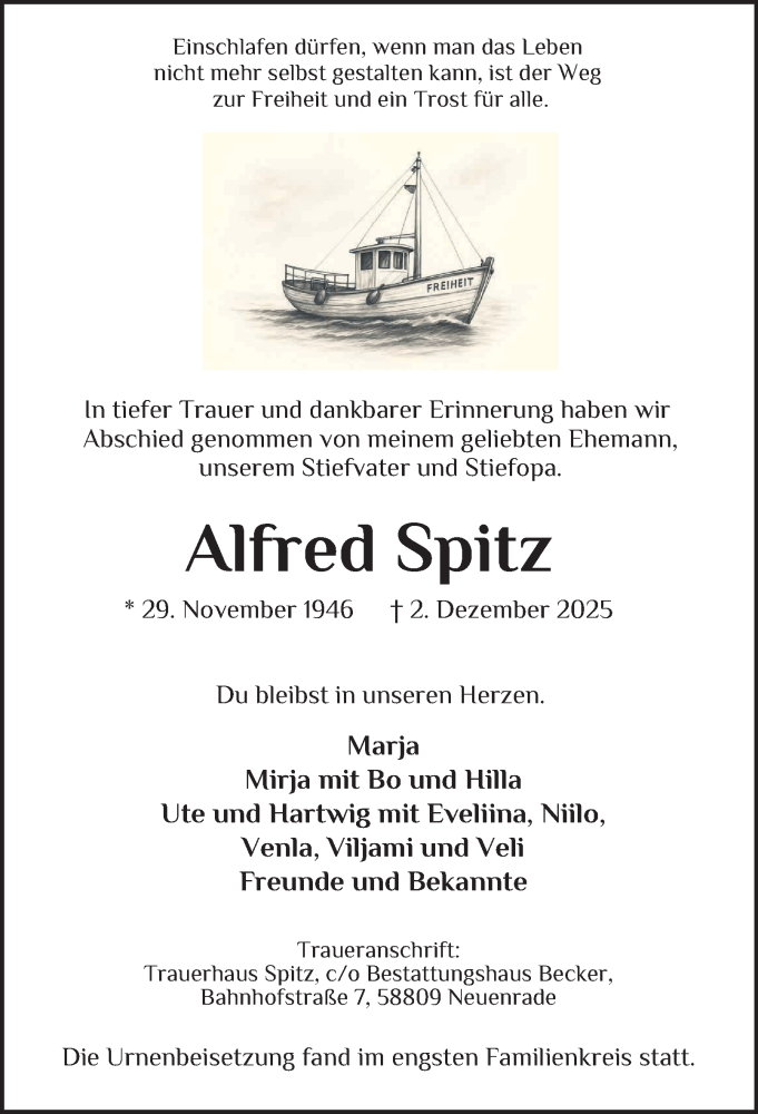  Traueranzeige für Alfred Spitz vom 20.12.2025 aus Tageszeitung