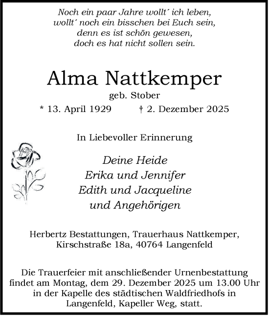 Traueranzeige von Alma Nattkemper von Tageszeitung