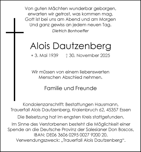 Traueranzeige von Alois Dautzenberg von Tageszeitung