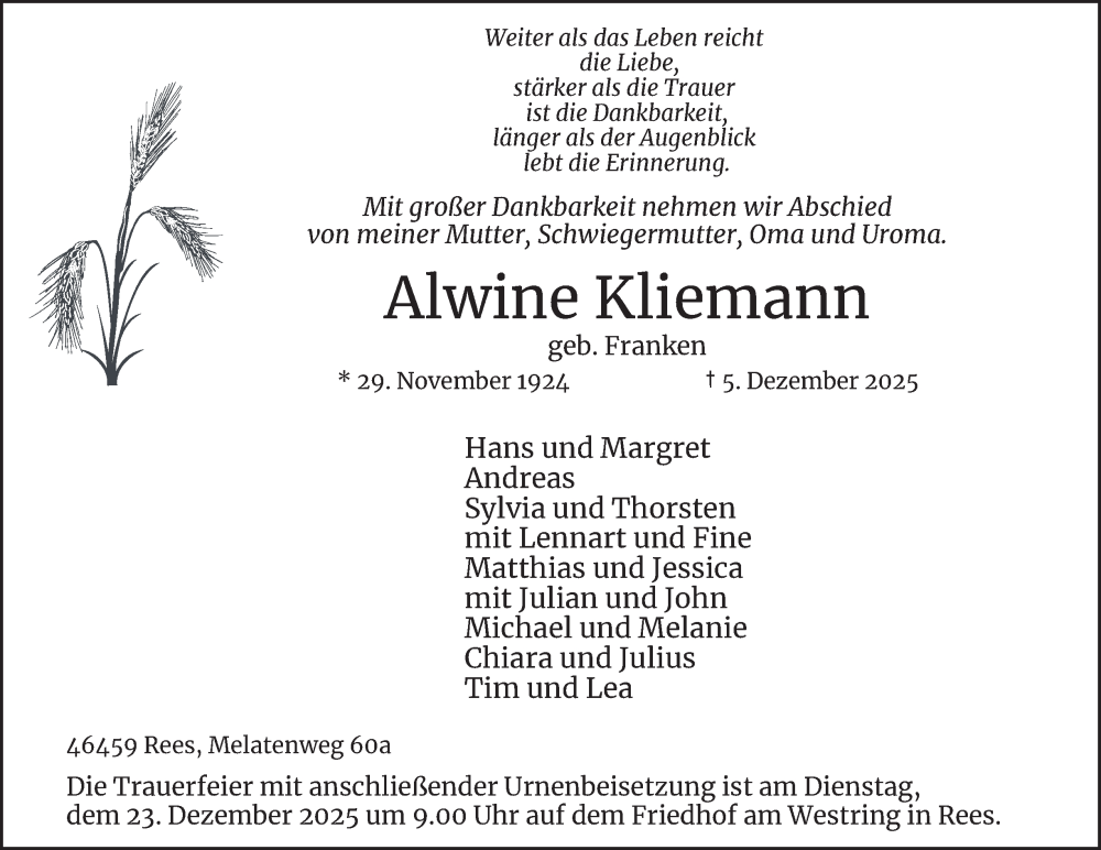  Traueranzeige für Alwine Kliemann vom 13.12.2025 aus Tageszeitung