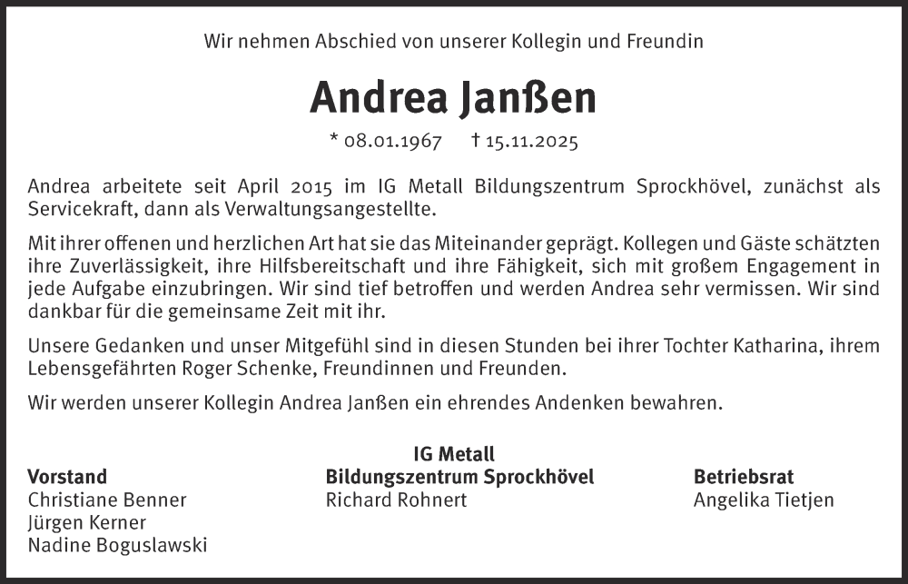  Traueranzeige für Andrea Janßen vom 06.12.2025 aus Tageszeitung