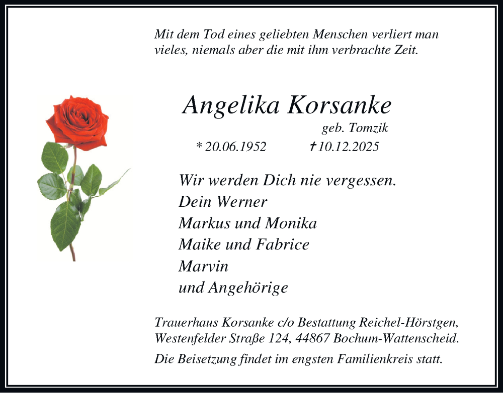  Traueranzeige für Angelika Korsanke vom 13.12.2025 aus Tageszeitung