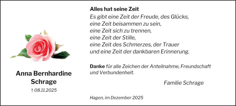  Traueranzeige für Anna Bernhardine Schrage vom 20.12.2025 aus Tageszeitung