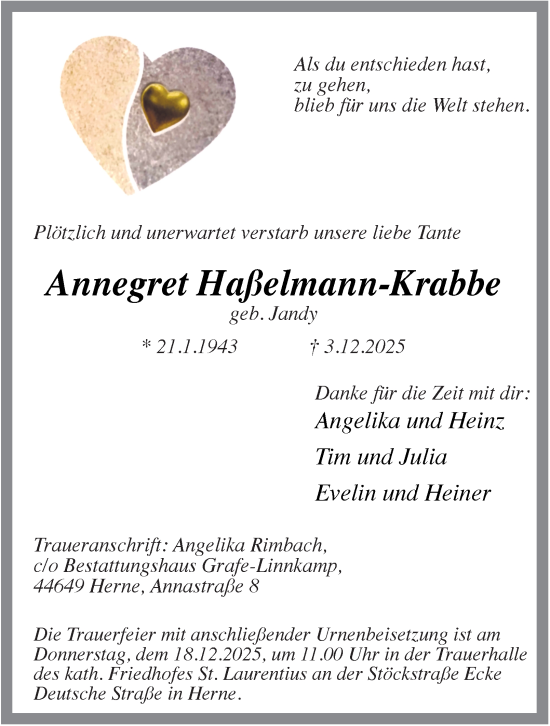 Traueranzeige von Annegret Haßelmann-Krabbe von Tageszeitung