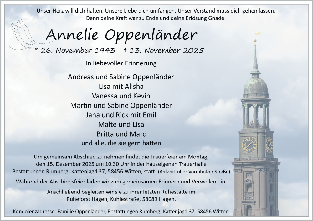  Traueranzeige für Annelie Oppenländer vom 06.12.2025 aus Tageszeitung