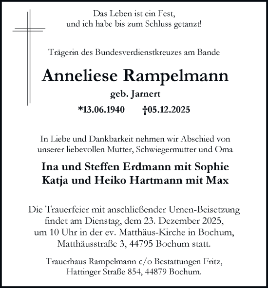 Traueranzeige von Anneliese Rampelmann von Tageszeitung