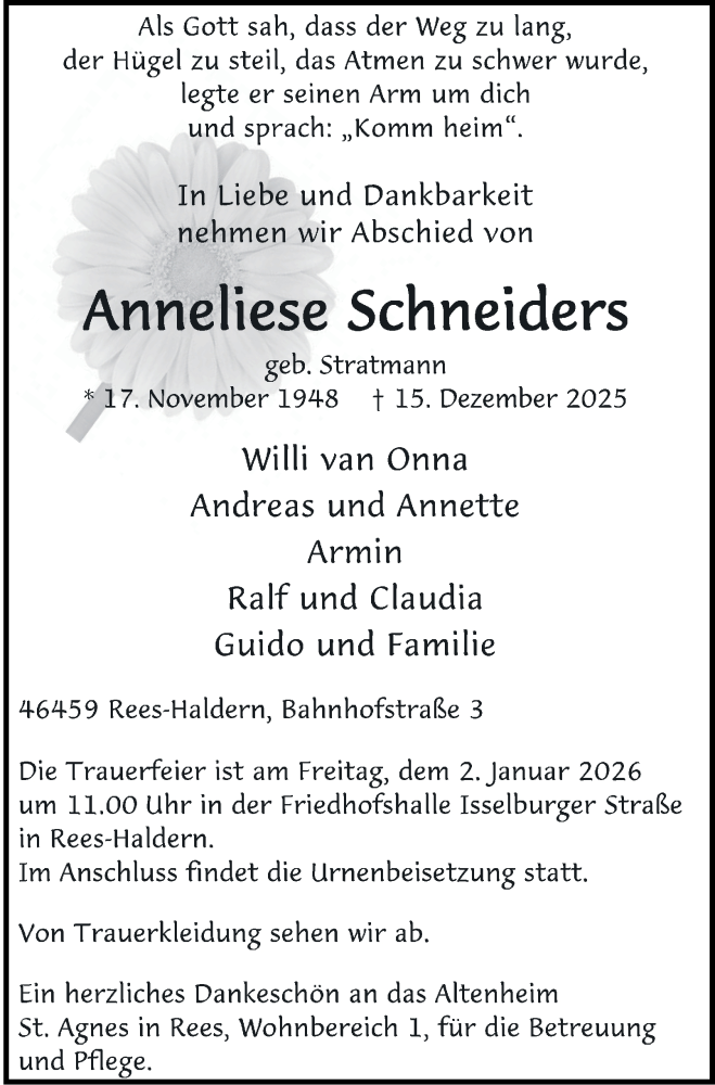  Traueranzeige für Anneliese Schneiders vom 20.12.2025 aus Tageszeitung