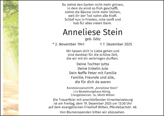 Traueranzeige von Anneliese Stein von Tageszeitung