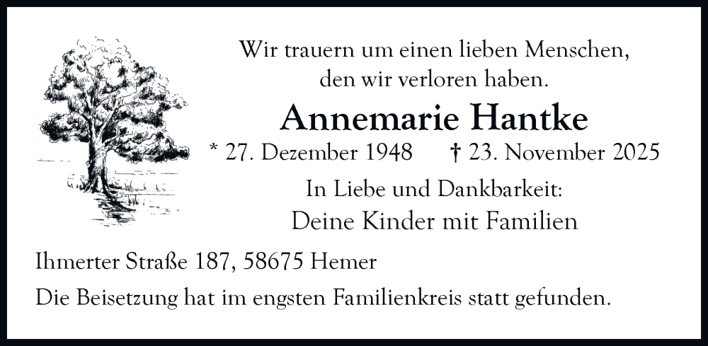  Traueranzeige für Annemarie Hantke vom 13.12.2025 aus Tageszeitung