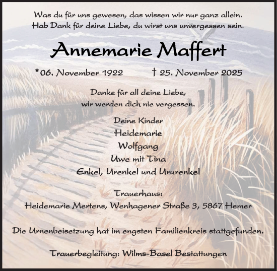 Traueranzeige von Annemarie Maffert von Tageszeitung