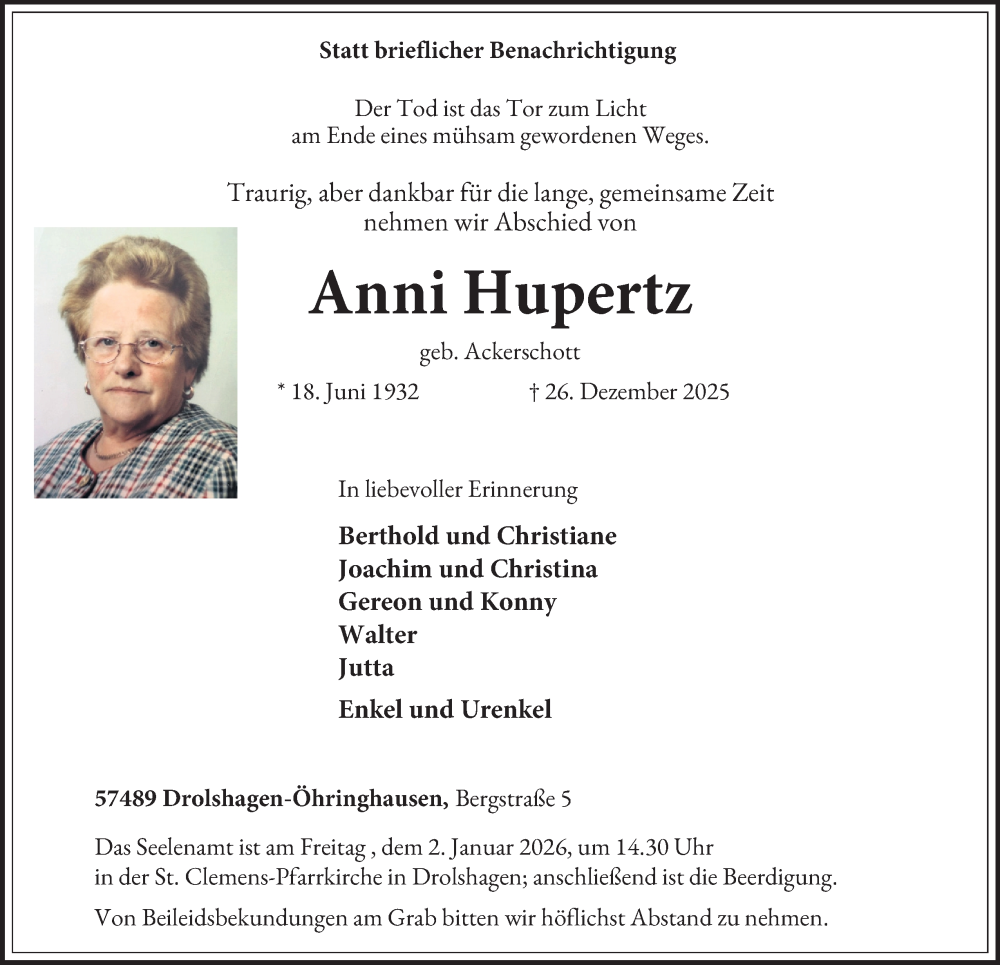  Traueranzeige für Anni Hupertz vom 31.12.2025 aus Tageszeitung