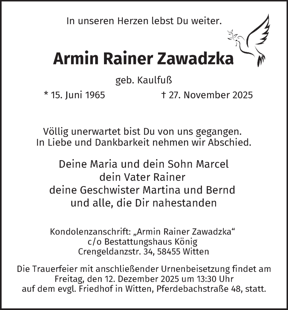  Traueranzeige für Armin Rainer Zawadzka vom 06.12.2025 aus Tageszeitung
