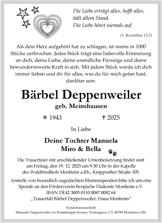 Traueranzeige von Bärbel Deppenweiler von Tageszeitung