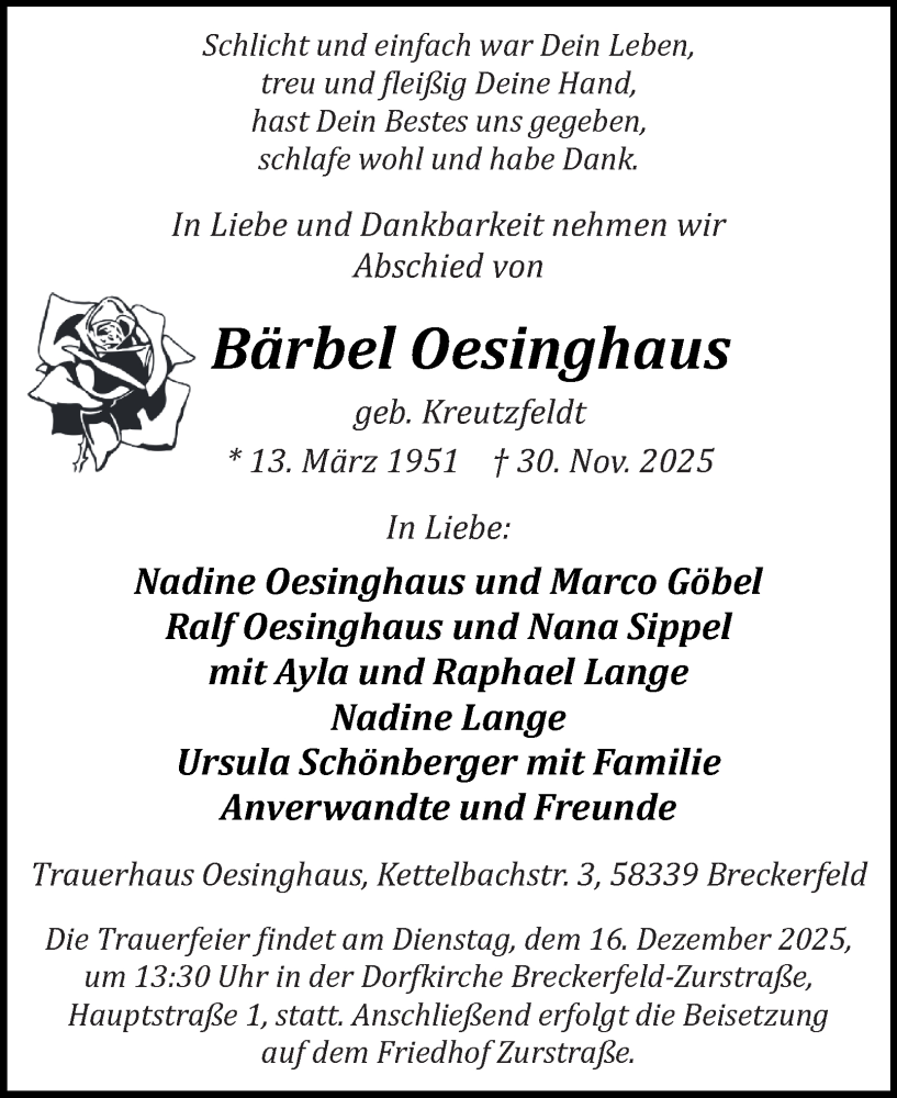  Traueranzeige für Bärbel Oesinghaus vom 13.12.2025 aus Tageszeitung