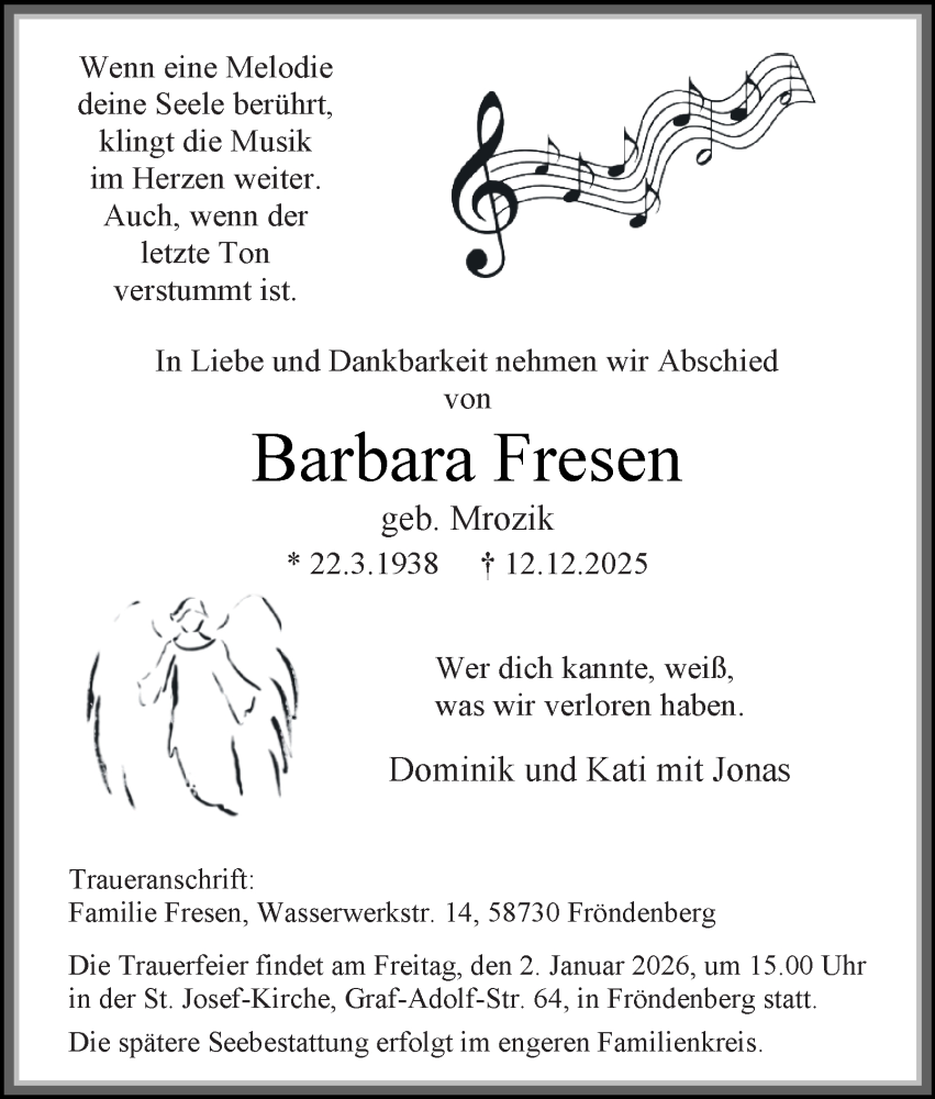  Traueranzeige für Barbara Fresen vom 20.12.2025 aus Tageszeitung