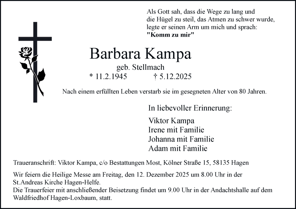  Traueranzeige für Barbara Kampa vom 10.12.2025 aus Tageszeitung