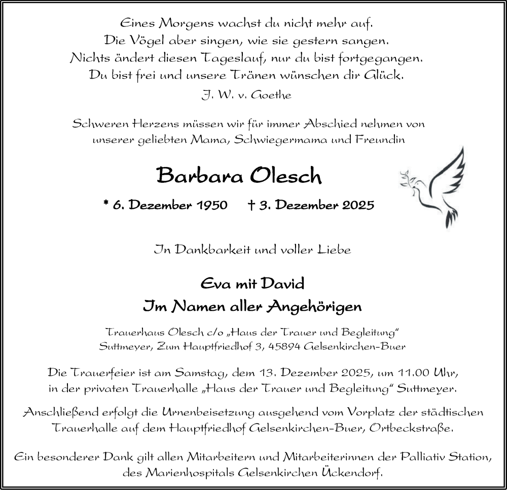  Traueranzeige für Barbara Olesch vom 06.12.2025 aus Tageszeitung