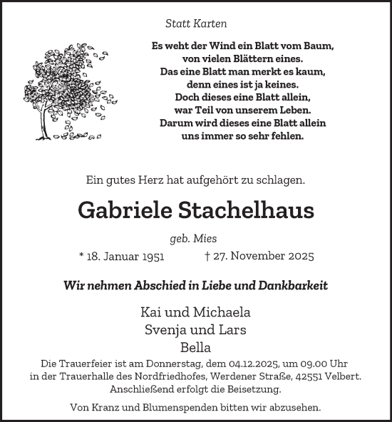 Traueranzeige von Gabriele Stachelhaus von Tageszeitung