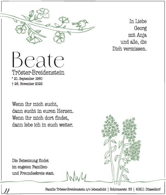 Traueranzeige von Beate Tröster-Breidenstein von Tageszeitung