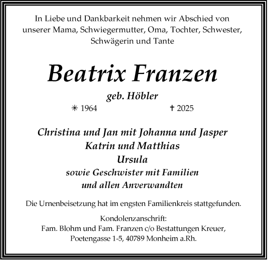 Traueranzeige von Beatrix Franzen von Tageszeitung
