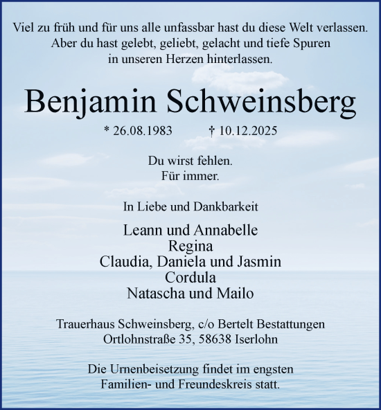 Traueranzeige von Benjamin Schweinsberg von Tageszeitung