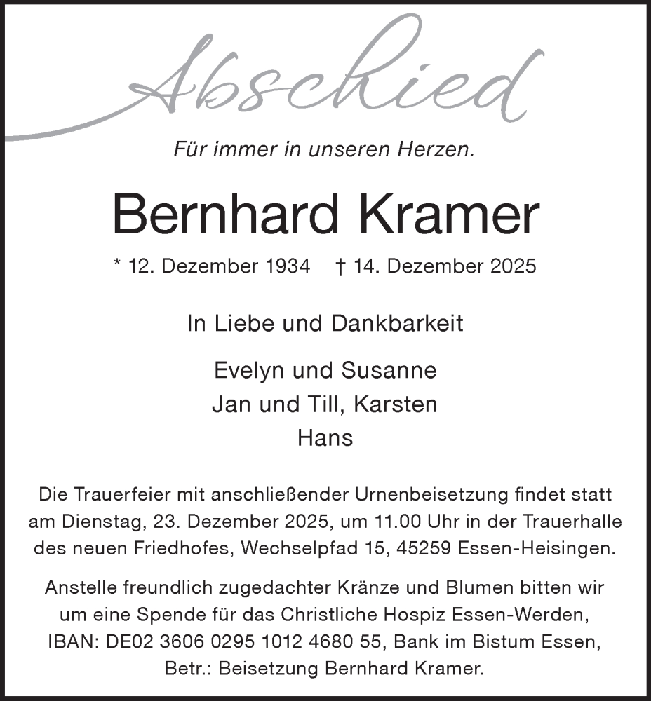  Traueranzeige für Bernhard Kramer vom 20.12.2025 aus Tageszeitung