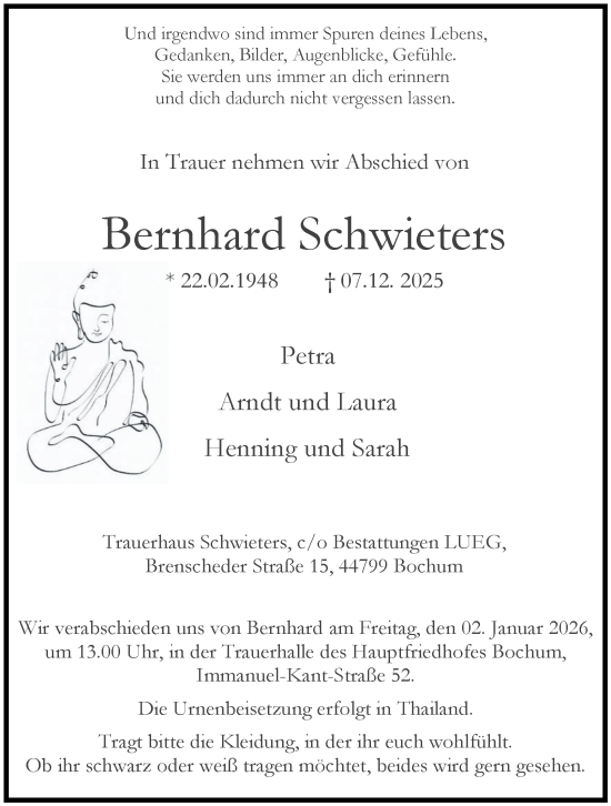 Traueranzeige von Bernhard Schwieters von Tageszeitung