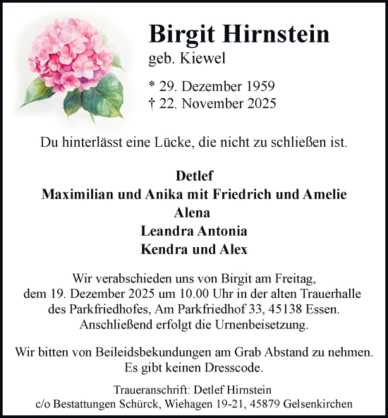 Traueranzeige von Birgit Hirnstein von Tageszeitung