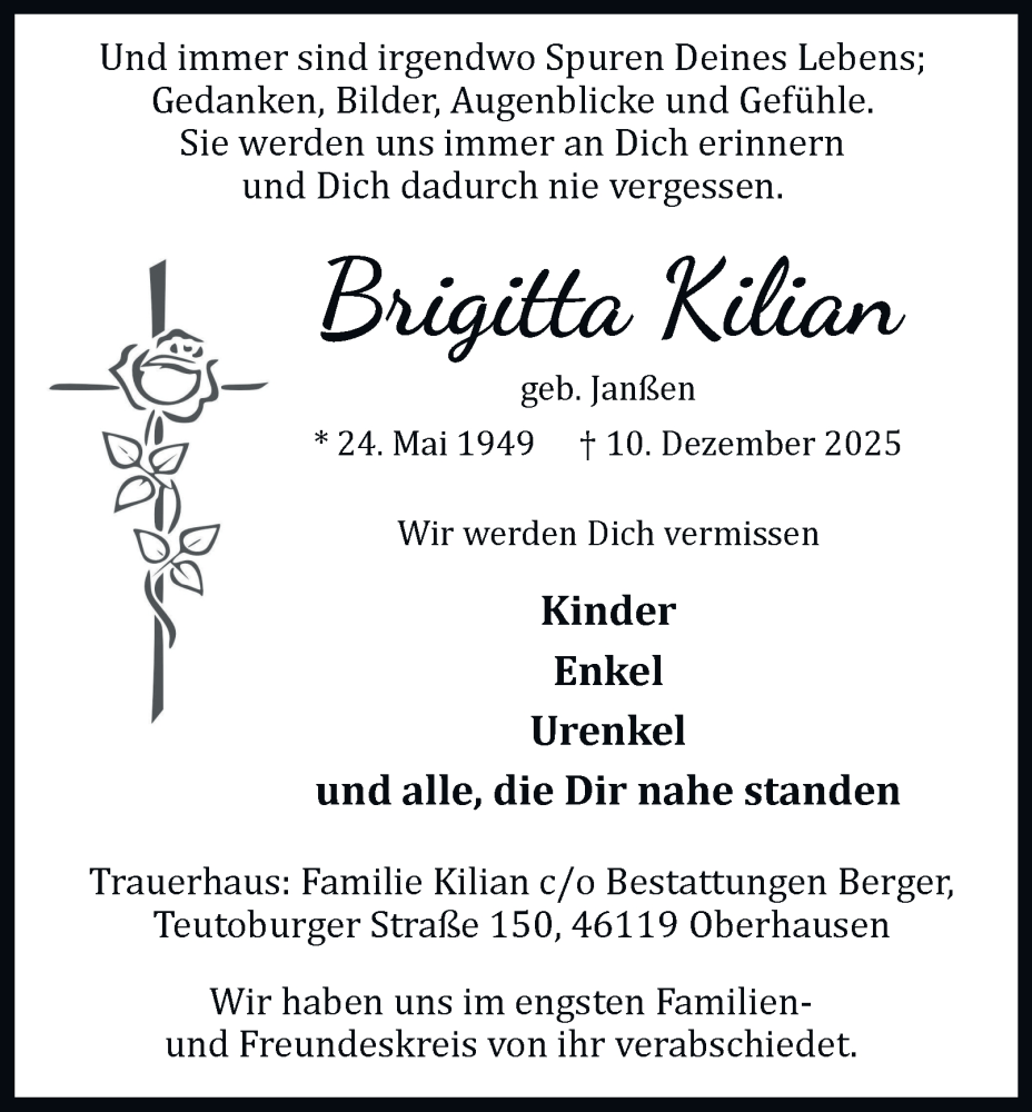  Traueranzeige für Brigitta Kilian vom 20.12.2025 aus Tageszeitung