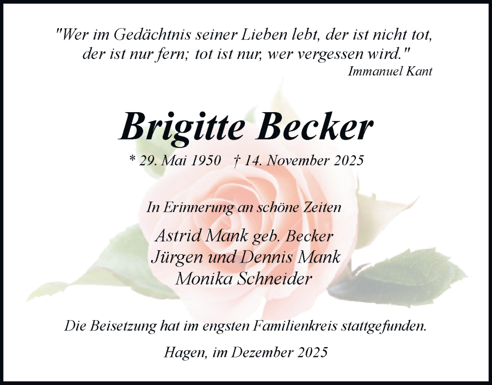  Traueranzeige für Brigitte Becker vom 27.12.2025 aus Tageszeitung