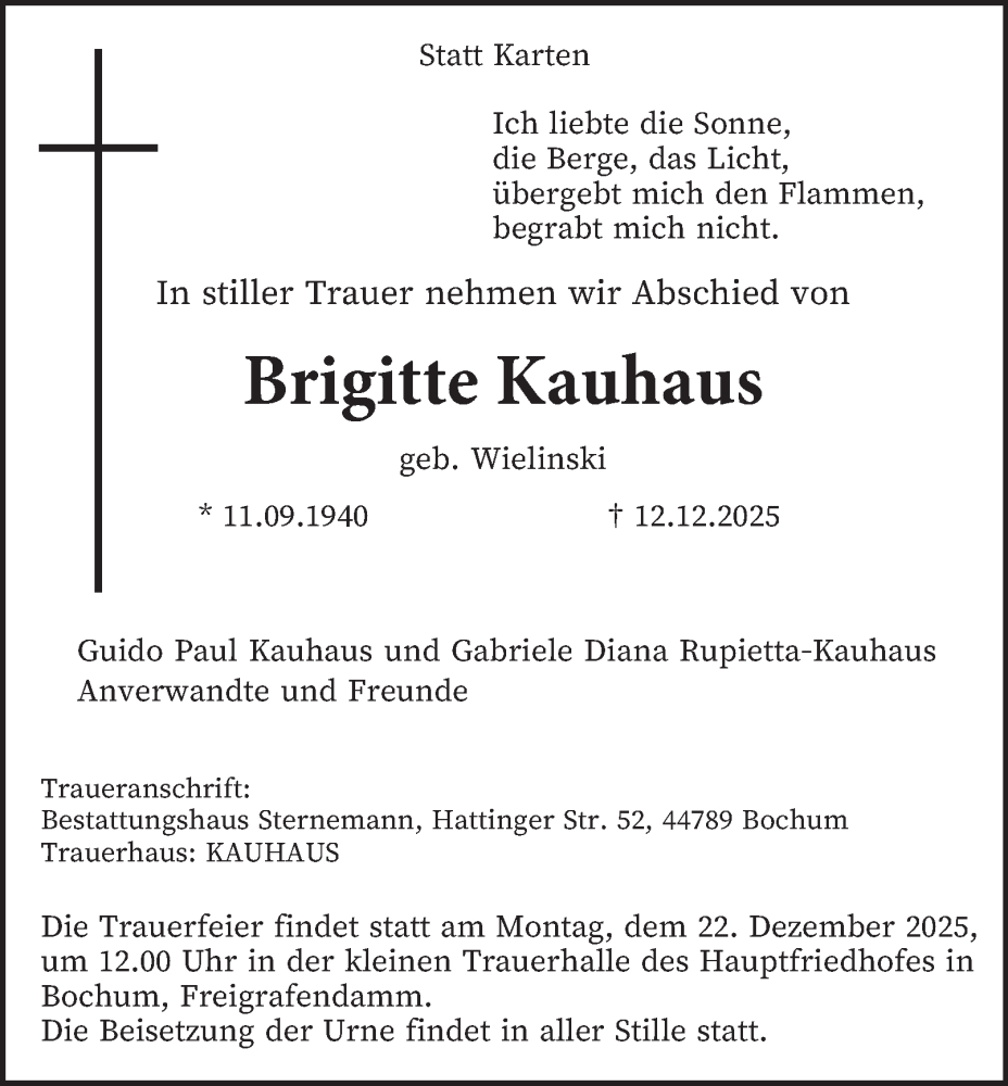  Traueranzeige für Brigitte Kauhaus vom 20.12.2025 aus Tageszeitung