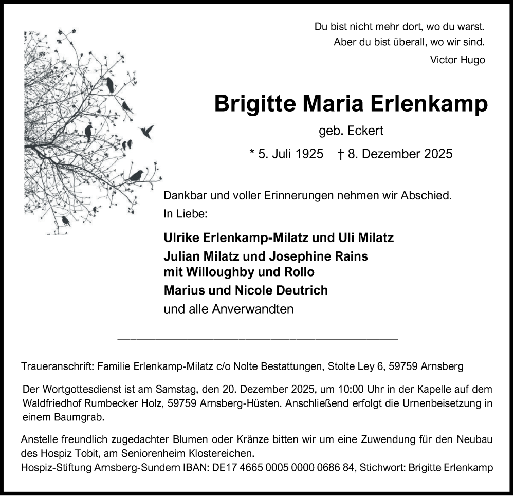  Traueranzeige für Brigitte Maria Erlenkamp vom 13.12.2025 aus Tageszeitung