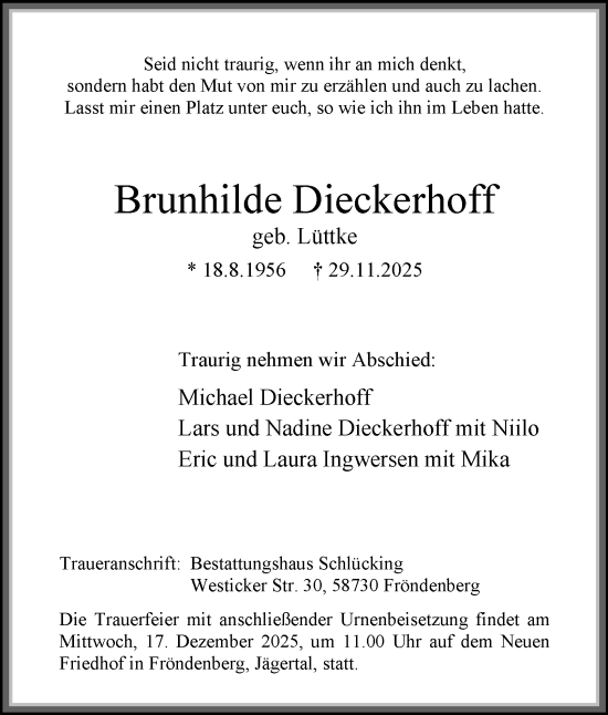 Traueranzeige von Brunhilde Dieckerhoff von Tageszeitung