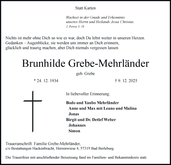 Traueranzeige von Brunhilde Grebe-Mehrländer von Tageszeitung